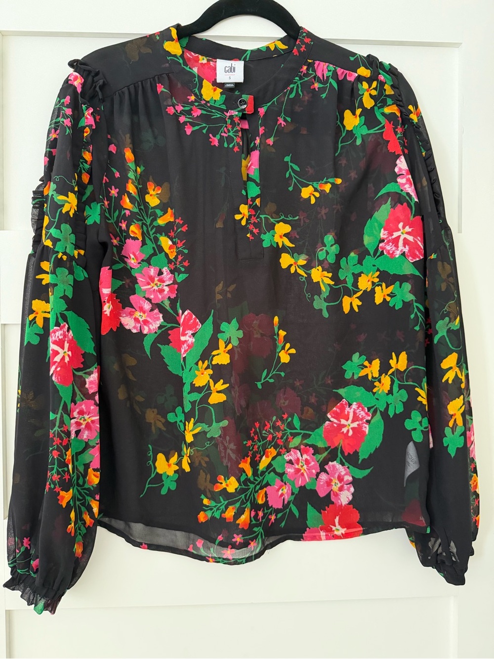 CAbi Black Floral Button-Front Blouse with Puff Sleeves